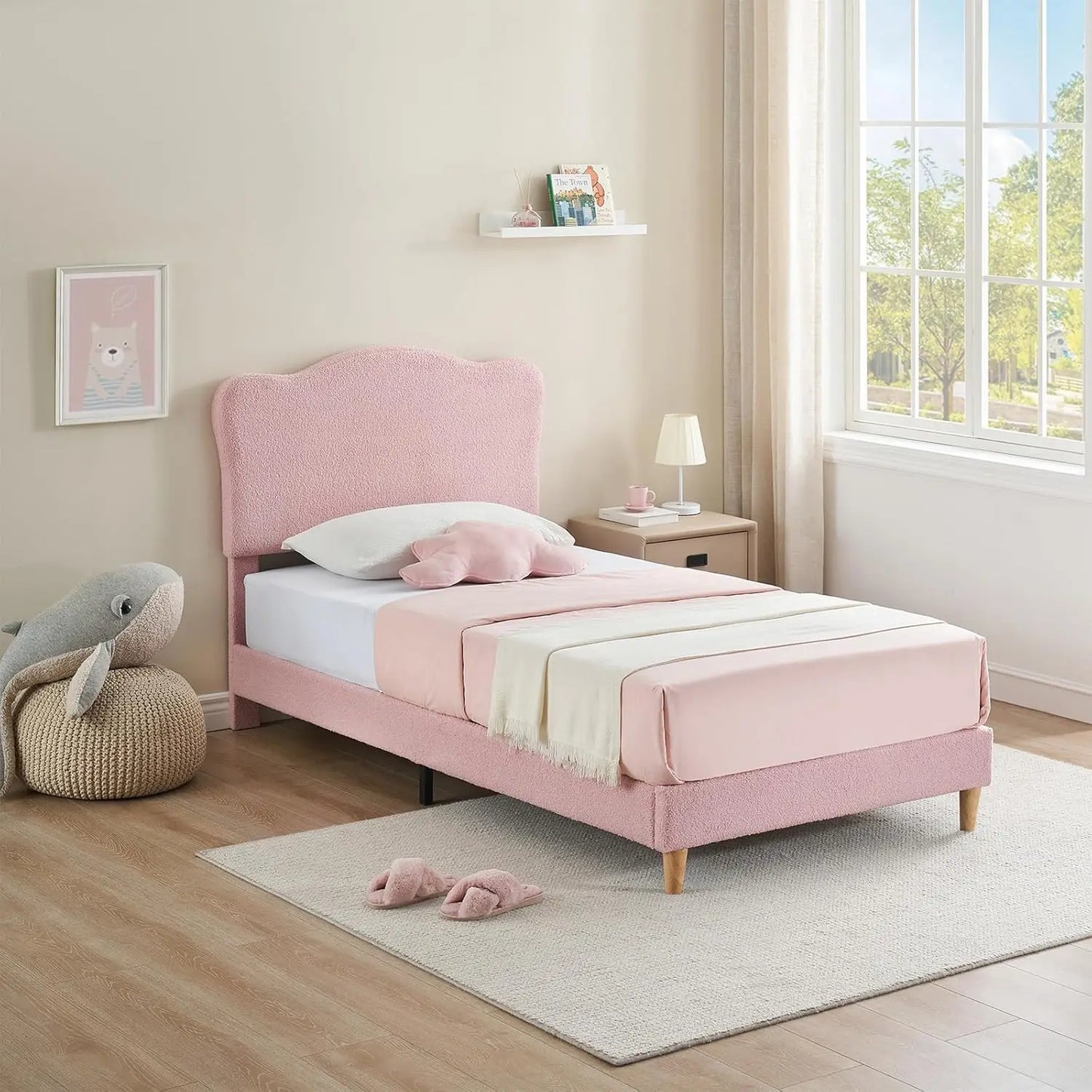 Marcos de cama doble para niños, plataforma de cama doble tapizada para niños pequeños con cabecera ajustable, listones de madera, dormitorio infantil