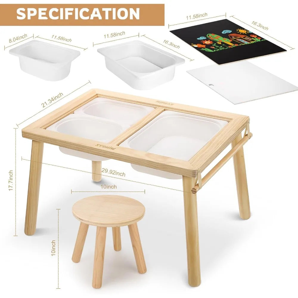 Juego de mesa y silla sensoriales, mesa 3 en 1 para niños para jugar, estudiar, hacer arte, comer, guardar juguetes, para niños pequeños, mesa de actividades con contenedores de almacenamiento