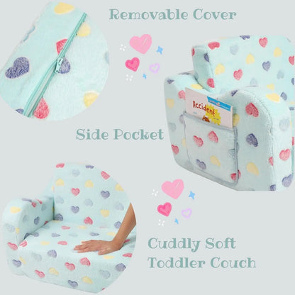 Sofá para niños pequeños con asientos más anchos, sofá suave 2 en 1 para niños pequeños plegable con almohada de estrella, sofá convertible en tumbona para niñas y niños