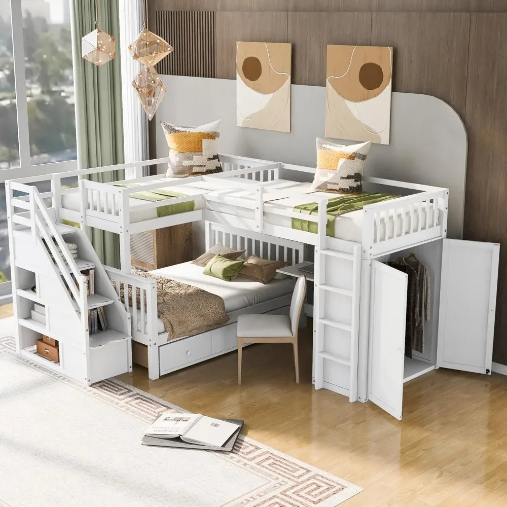 Lit superposé Twin-TwinOverFull en L avec bureau, lit triple pour enfants avec armoireLit superposé en bois avec 3 tiroirs et échelles pour enfants