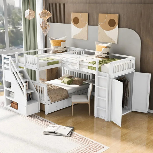 Litera en forma de L con dos camas individuales y dos camas individuales, con escritorio, cama triple para niños con armario, litera de madera con tres cajones y escaleras para niños