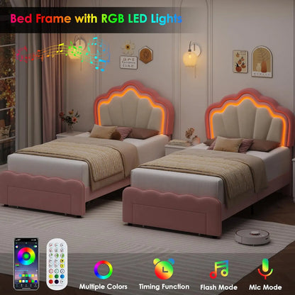 Marco de cama tapizado con luces LED y cajón de almacenamiento, linda cama para niñas con cabecero ajustable con forma de loto, cama de plataforma de princesa de terciopelo