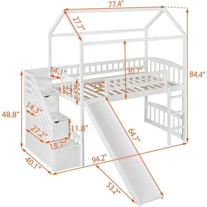 Cama alta con tobogán, camas altas tipo casa de tamaño doble con cajones de almacenamiento, cama tipo casa de juegos con escalera para niños pequeños, niñas y niños