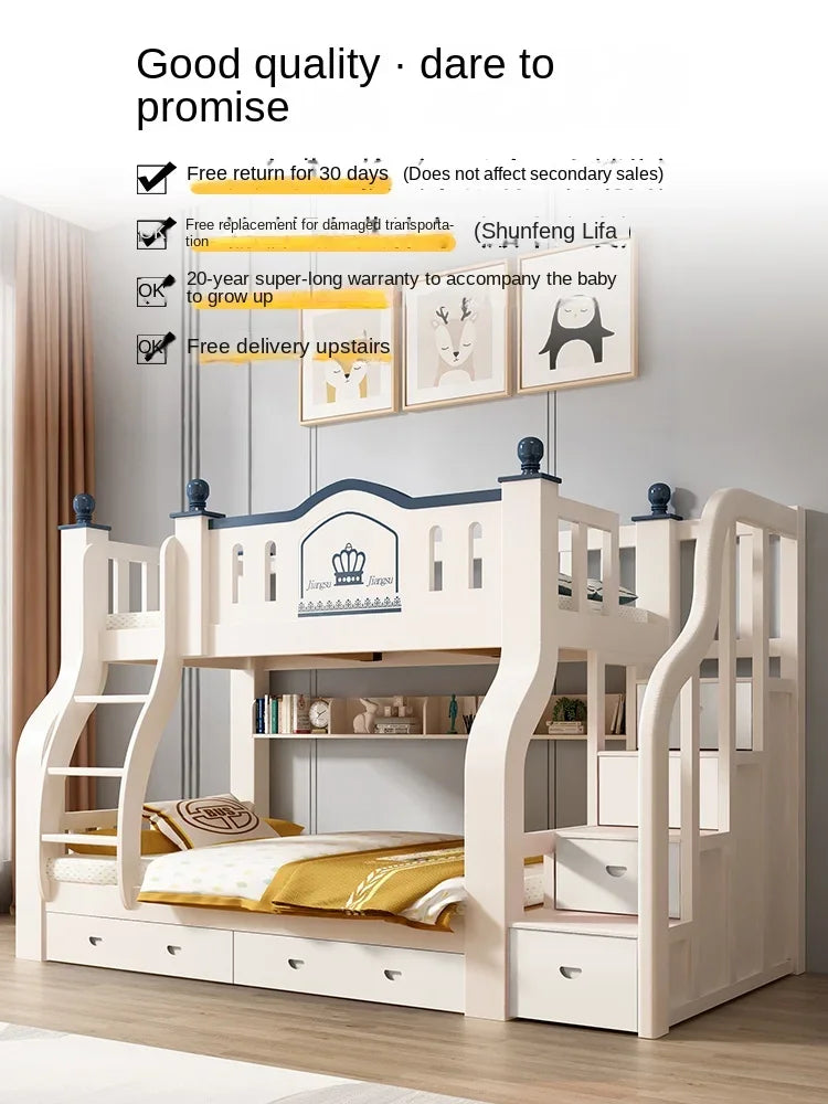 Cama alta y baja de madera maciza de dos pisos, litera superior e inferior multifuncional, cama para madres, cama para niños combinada