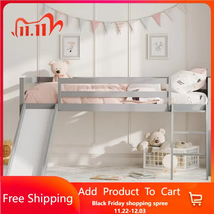 Twin Loft Bed, Toddler Loft Bed with Slide and Climbing Ladder & Safety Guard Rail, Lower Storage Space for Kids Toddler