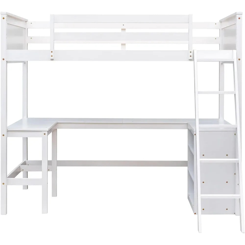 Twin Size Loft Bed with Shelves and Desk, Wooden Loft Bed with Desk, for Kids, Teens, Noise Free, No Box Spring, Easy Assembly