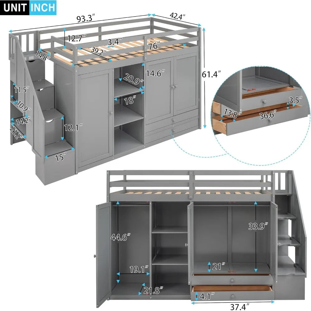 Wood Twin Loft Bed with Stairs, 2 Drawers and 3 Shelves, High Loft Bed Frame with Wardrobe, No Box Spring Needed Children Beds