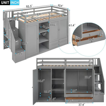 Lit mezzanine simple en bois avec escaliers, 2 tiroirs et 3 étagères, cadre de lit mezzanine haut avec armoire, pas besoin de sommier Lits pour enfants