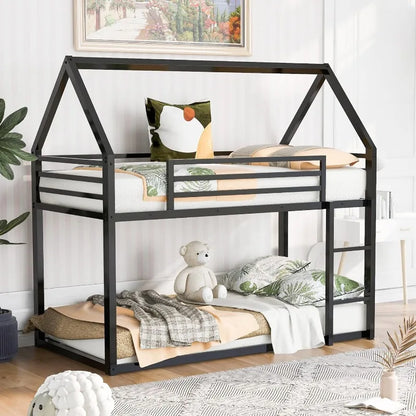 Modern Twin Over Twin Junior Metal Floor Bunk Bed with Ladder House Shaped Bunk Bed Frame for Kids Boys Girls