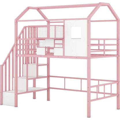 Twin Size House Loft Bed with Stairs and Storage, with Storage Box and Safety Rail Heavy-Duty Metal Princess Loft Bed Frame