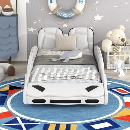 Twin Size Car Bed,Race Car-Shaped Platform Wooden Bedframe with Wheels & Both Sides,Slat Support,Children Beds Furniture