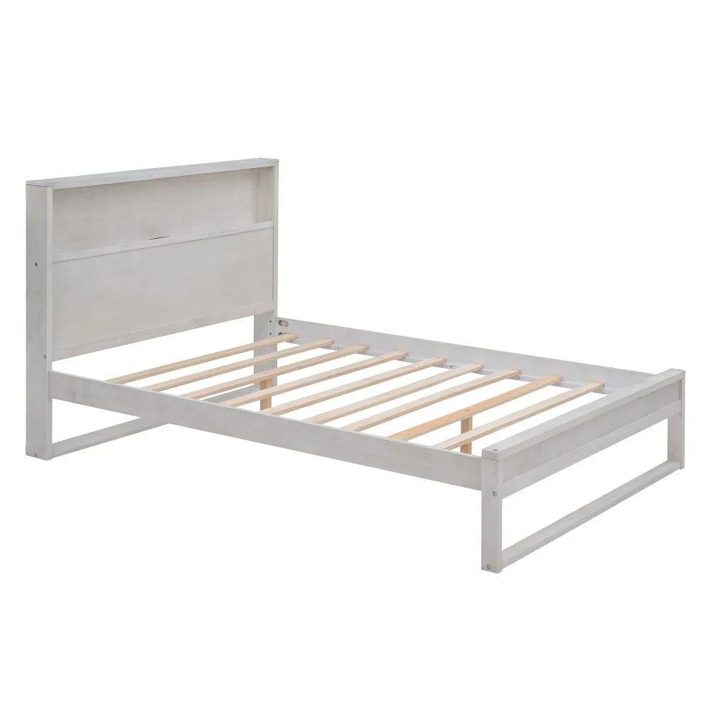 Cama de plataforma con cabecero con espacio de almacenamiento, enchufes y puertos USB, cama de plataforma de tamaño completo, cama para niños en color blanco antiguo