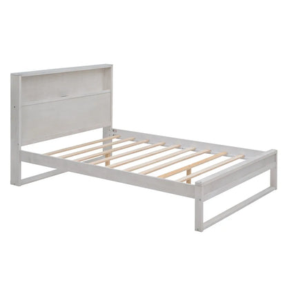 Cama de plataforma con cabecero con espacio de almacenamiento, enchufes y puertos USB, cama de plataforma de tamaño completo, cama para niños en color blanco antiguo