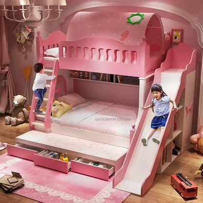 Lit mezzanine avec tiroirs Meubles créatifs et charmants à deux étages roses pour filles de 5 à 8 ans Lits pour enfants à la mode en solde