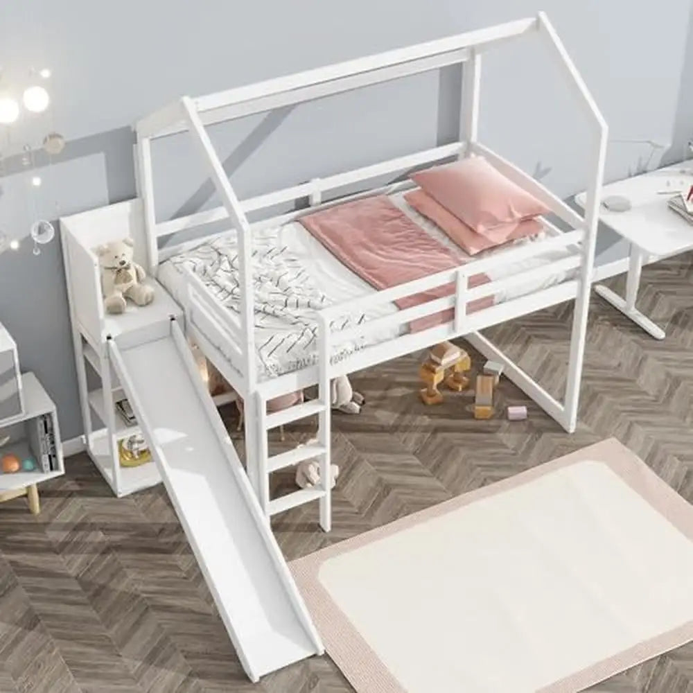 Kids Twin House Loft Bed with Slide Storage Shelves and LED Light Wood Low Loft Bed Guardrail Ladder Playhouse Creative Design