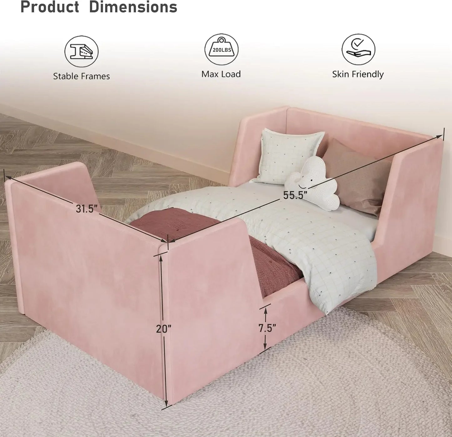 Cama para niños pequeños, estructura de cama de piso para niños pequeños con barandillas, cama para niños de 2 a 6 años, cama pequeña para niños y niñas, estándar