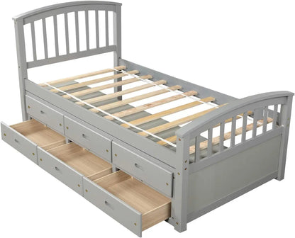 Twin Size Bed Frame with 6 Storage Drawers, Wood Bed Frame with Headboard and Footboard for Bedroom, Twin Captain Bed for Kids A