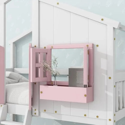 Wood House Twin Bunk Bed with Windows Doors Ladder Safety Guardrails Pink/White Low Height Design Modern Style 81.7" x 57.8" x