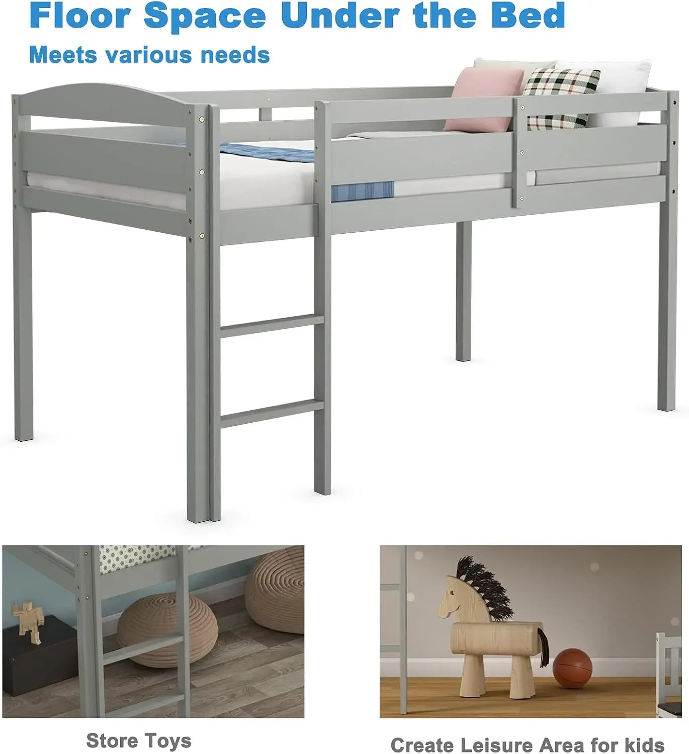 Wood Low Loft Bed w/Guard Rail and Ladder, Boys & Girls Twin Bed for Kids Room, No Box Spring Needed, Classic Children Low Loft