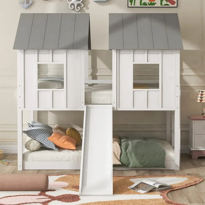 Lit superposé en bois avec fenêtres, échelle, garde-corps et meubles pour enfants de taille double, lits pour enfants modernes Playhouse Bunk Bed