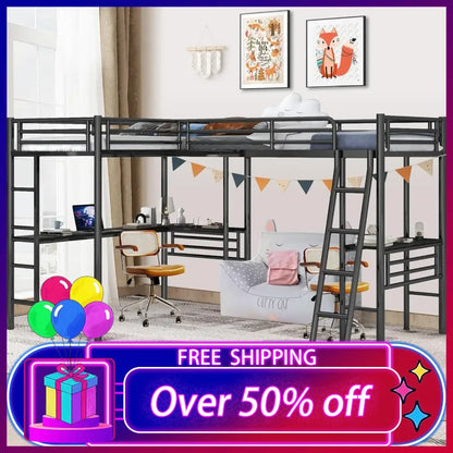 Twin Size L-Shaped Loft Bed with 2Built-in Desks,Metal Loft Corner Bed with 2 Ladders and Safety Guard Rail,Heavy-Duty Bunk Beds