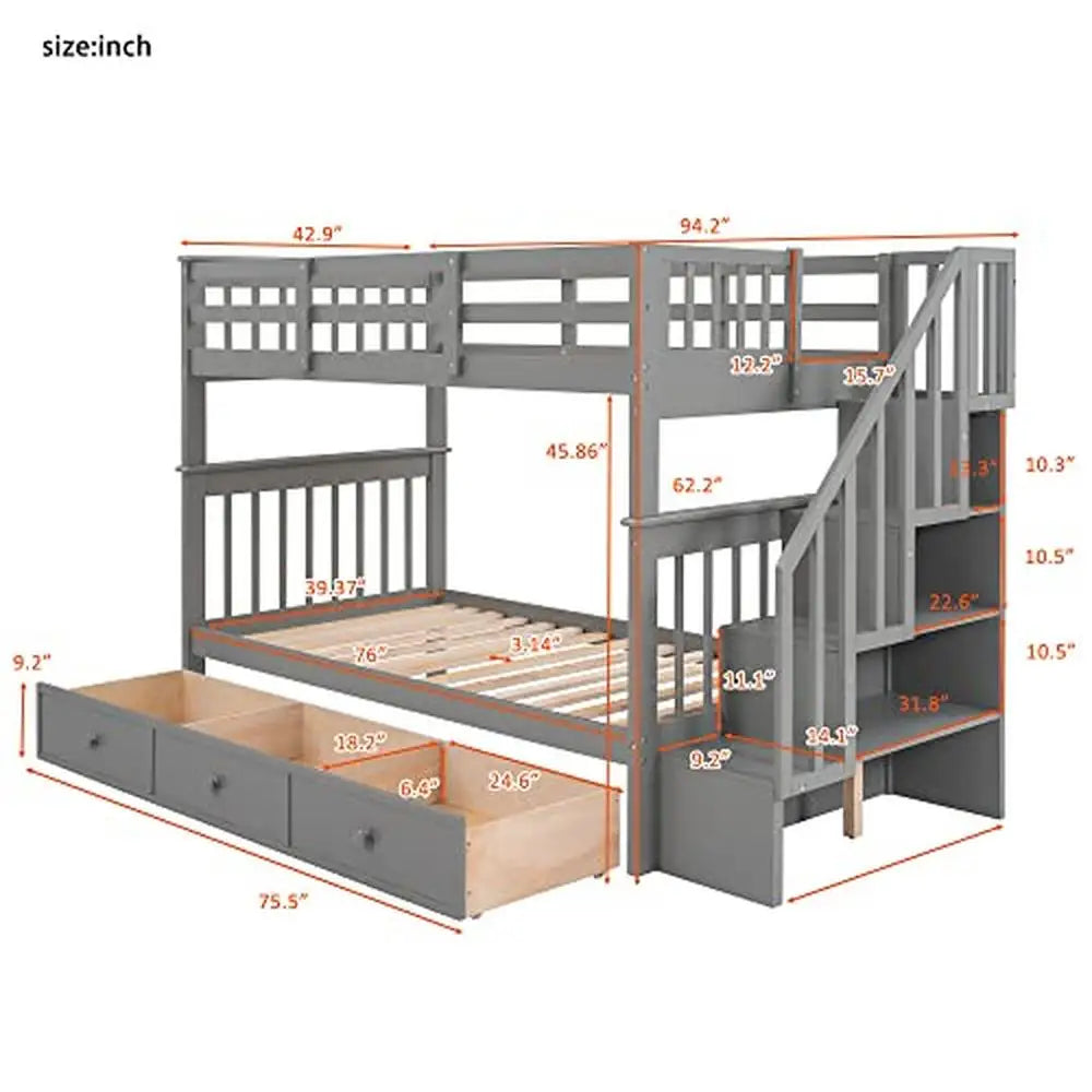 Solid Wood Twin Over Twin Bunk Bed with Stairs 3 Storage Drawers Shelves Kids Teens Sturdy Durable Frame Safe Design Enhances