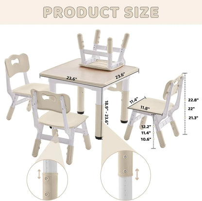 Table and 4 Chairs Set, Height-Adjustable Toddler Table and Chairs Set with Graffiti Desktop, 23.6''L x 23.6''W Children Ac