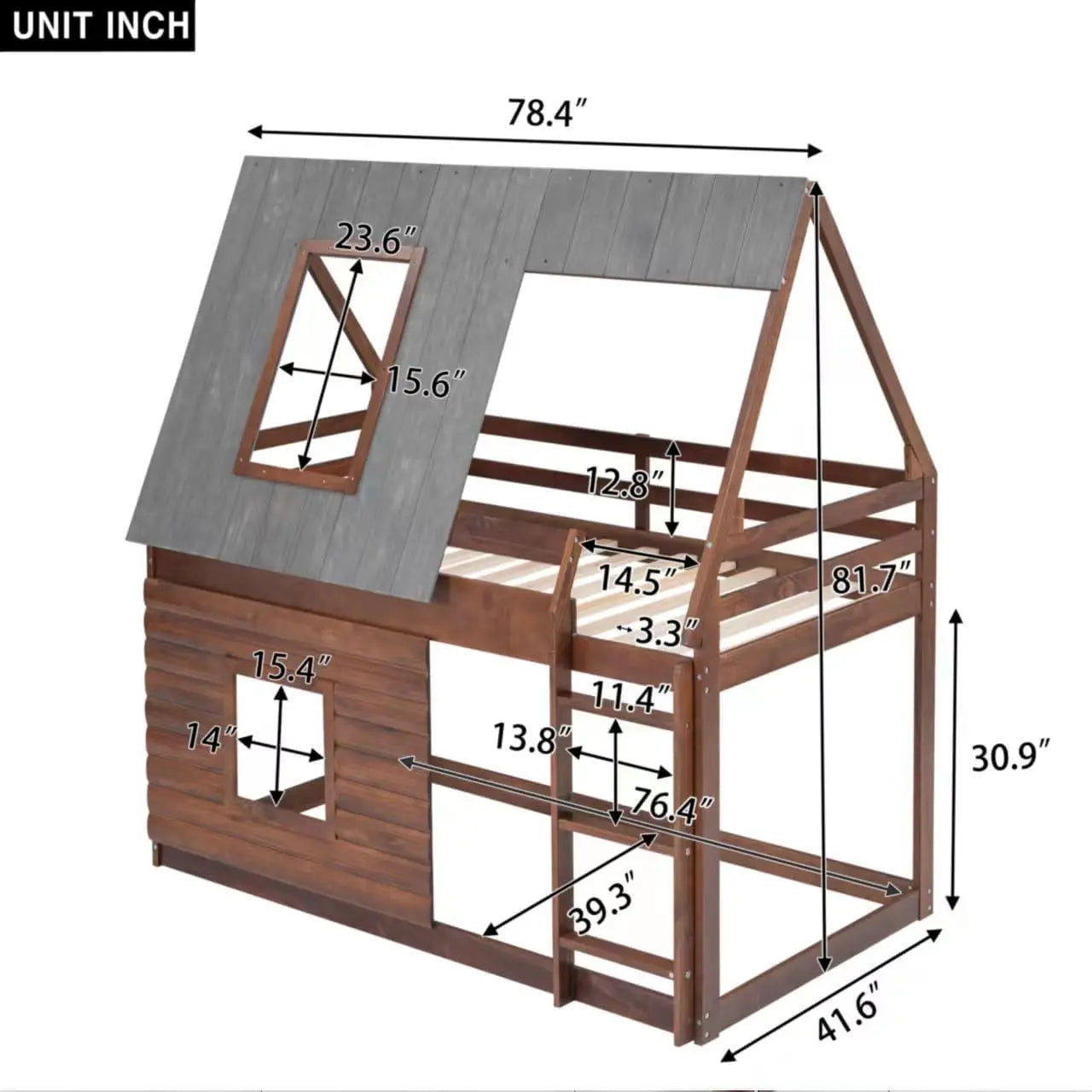 Litera doble sobre dos camas individuales con estructura de madera en forma de casa con techo, escalera y 2 ventanas para niños, adolescentes, niñas y niños, roble y gris ahumado