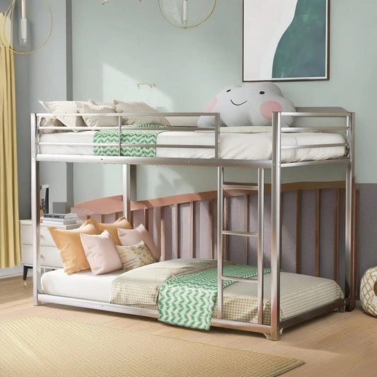 Twin Over Twin Floor Bunk Bed with Ladder, Bedroom Low Metal Bedframe for Home, Apartment, Kids, Guest Room