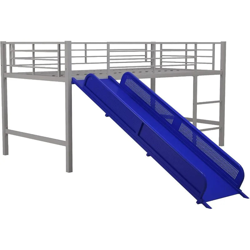 Silver Junior Twin Metal Loft Bed with Slide, Multifunctional Design, Silver with Blue Slide