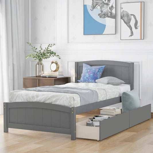 Solid Wood Twin Size Platform Bed with Drawers Storage Bed Wood Bed Frame with Headboard for Kids,Teens