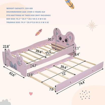 Merax Children Cat-Shaped Platform Bed with Trundle, Wooden Bedframe, No Box Spring Needed, Twin Size, Pink