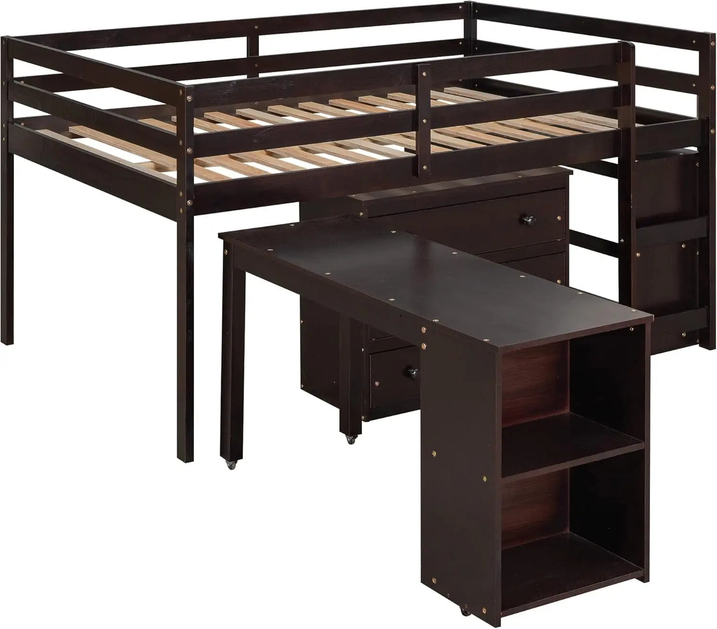 Cama alta con escritorio y tocador tamaño completo, estructura de cama alta de madera para niños con gabinete y estantes de almacenamiento y escritorio portátil con ruedas para J