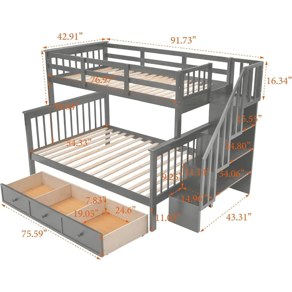 Litera doble sobre cama matrimonial con escaleras y cajones de almacenamiento, estructura de litera con escalera de madera noble para niños, adolescentes y adultos, dormitorio, dormitorio