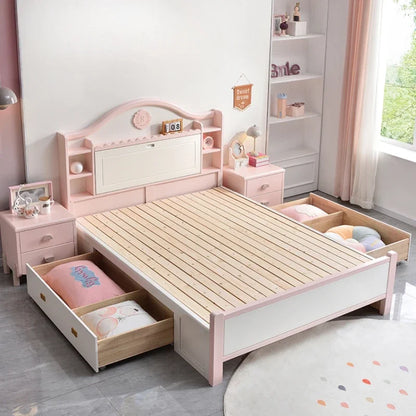 Bonita cama doble moderna para niñas con cajones de almacenamiento, cama alta estilo villa, cama de princesa de madera maciza, muebles de dormitorio matrimonial