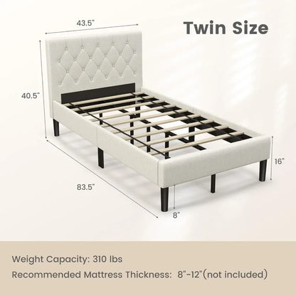 Twin Bed Frames for Kids, Modern Upholstered Platform Bed with Button Tufted Headboard, Wooden Slats Support Mattress