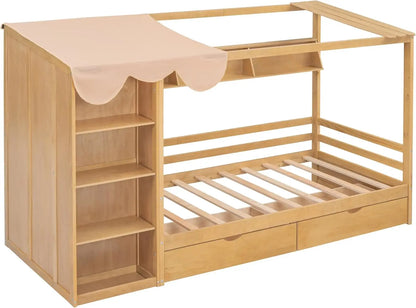 Cama tamaño queen Merax con 2 cajones, armario empotrado, estantes de almacenamiento, barandilla y cortina, cama de madera para niños