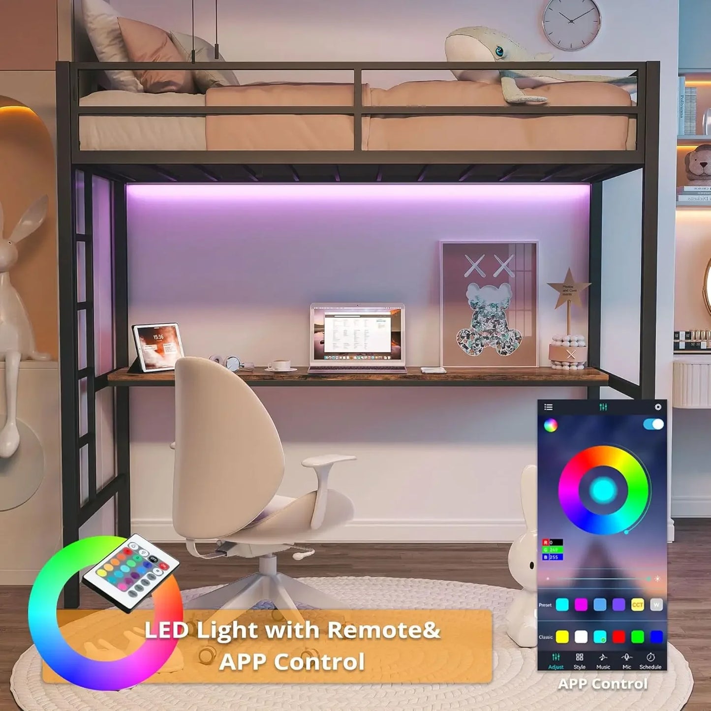 Cama alta tamaño twin con escritorio, estructura de cama alta de metal con toma de corriente e iluminación LED, ahorra espacio, no produce ruido, color negro