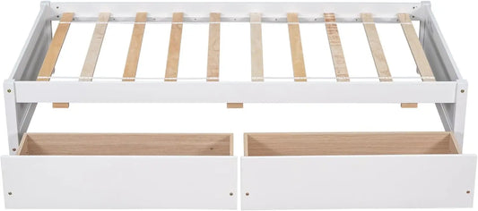 White Twin Size Single Platform Bed, Wood Bed Frame for Bedroom, Storage Bed with Drawers for Kids, No Box Spring Needed