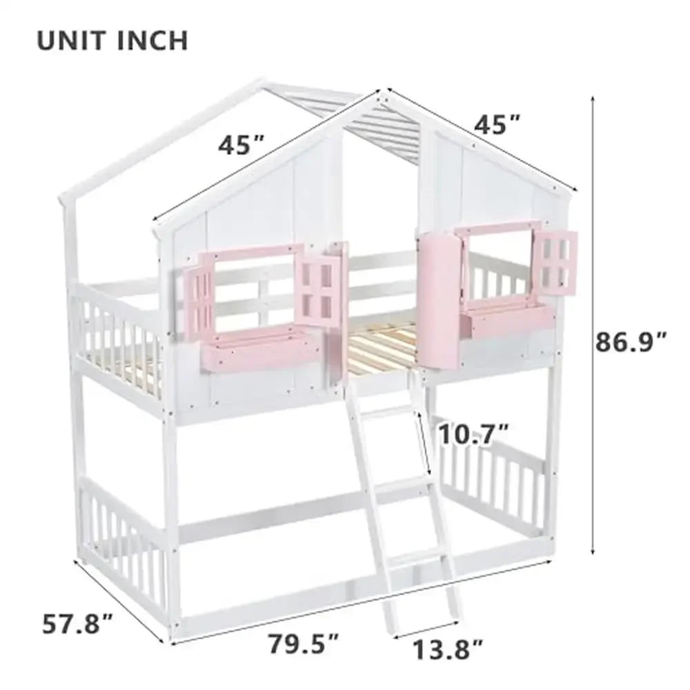 Lit superposé double Wood House avec portes et fenêtres, échelle, garde-corps de sécurité, rose/blanc, design à faible hauteur, style moderne, 81,7" x 57,8" x