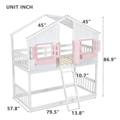 Wood House Twin Bunk Bed with Windows Doors Ladder Safety Guardrails Pink/White Low Height Design Modern Style 81.7" x 57.8" x