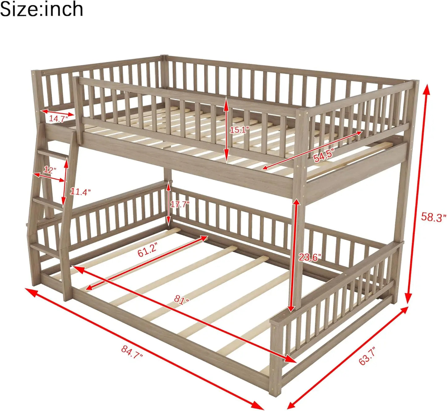 Lit superposé moderne Full XL sur Queen avec échelle et garde-corps, lit superposé en bois pour chambre d'enfants, adolescents et adultes, design amovible