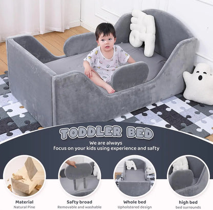 Toddler Bed Round, Toddler Bed with Rail and Round headbroad, Standard Crib Size Toddler Bed for Children 18 Months to 6 Years,