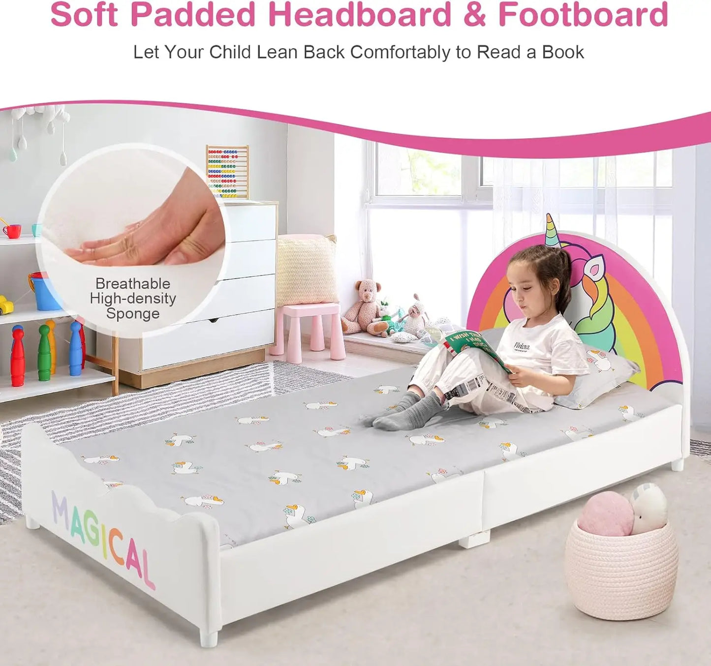 Marcos de cama dobles para niños, plataforma de cama doble tapizada en madera con soporte de listones, cabecero y pie de cama acolchados, no necesita somier