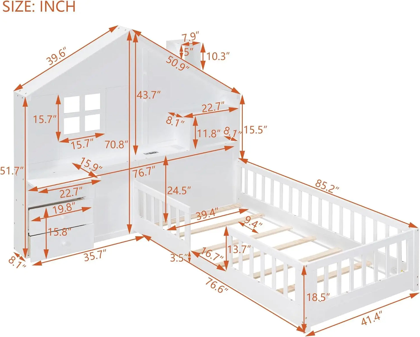 Lit de maison à deux étages pour enfants, lit de sol Montessori en bois avec rails, fenêtre et tiroirs de chevet, lit plate-forme double pour enfants avec