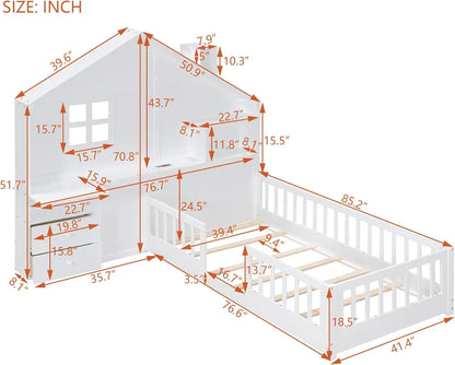 Lit de maison à deux étages pour enfants, lit de sol Montessori en bois avec rails, fenêtre et tiroirs de chevet, lit plate-forme double pour enfants avec