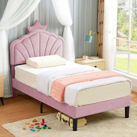 Twin Size Bed Frame Upholstered with Headboard, Strong Platform with Crown for Kids Girls, Wooden Slats Support