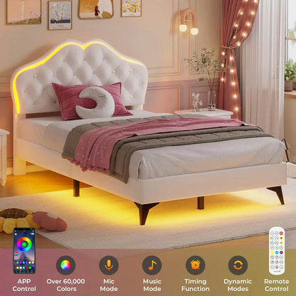 Twin Bed Frame with RGB LED Lights, Princess Bed Frame with Adjustable Crystal Button Headboard, Velet Upholstered Platform Bed