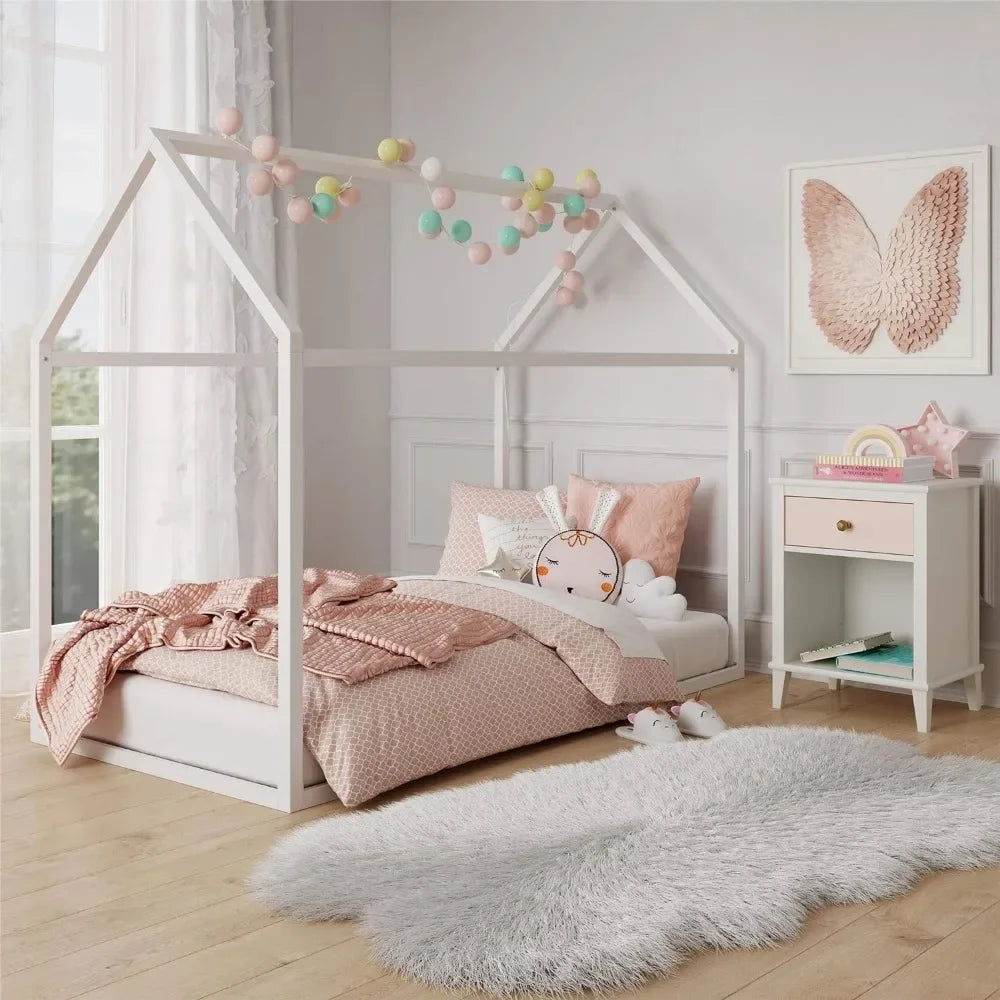 Metal Canopy Frame Children Beds House Floor Bed Frame for Kids and Toddlers Twin Off White