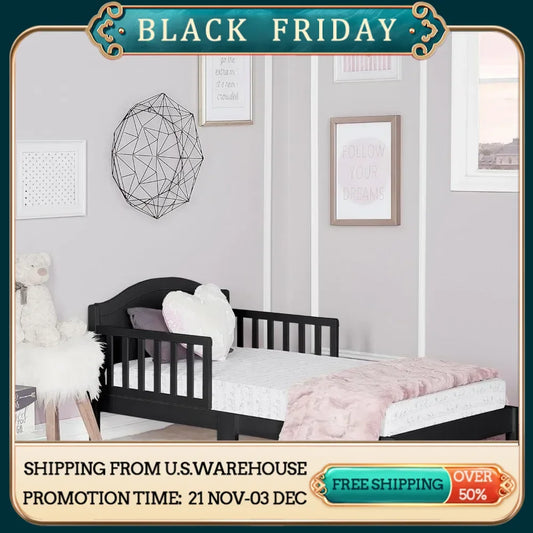 Toddler Bed in Black, Greenguard Gold Certified, JPMA Certified, Low To Floor Design, Non-Toxic Finish, Safety Rails